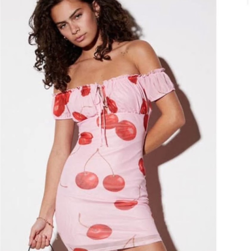 Pacsun Pink Cherry Print Off-Shoulder Dress M NWT